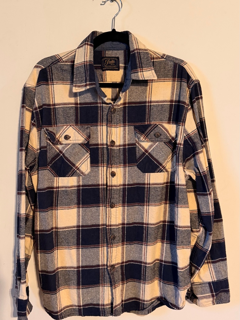 Jachs Heritage Flannel Plaid Button-Up Shirt in Navy and Cream - Size XL